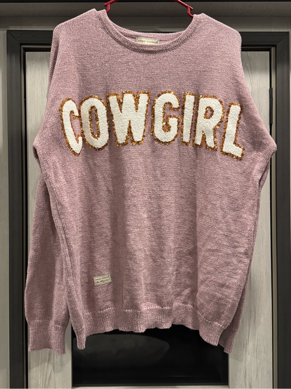 Simply Southern Pink Chenille Sparkly 'COWGIRL' Crewneck Sweater
